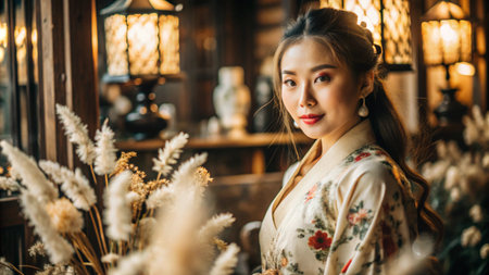 A beautiful woman in a traditional kimono looks directly at the camera in a warmly lit room.の素材