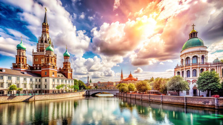 A scenic view of a city with two churches on either side of a river.の素材