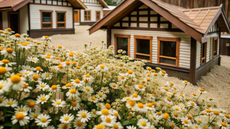 White and yellow daisies in front of a small white house.の素材