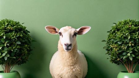 A white sheep stands between two green topiary bushes against a green background, looking directly at the camera.の素材