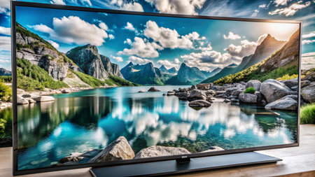 A large flat-screen television displaying a scenic landscape of mountains and a lake.の素材