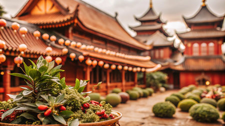 Close-up of a traditional Chinese garden with red lanterns, green plants, and a wooden building in the background.の素材