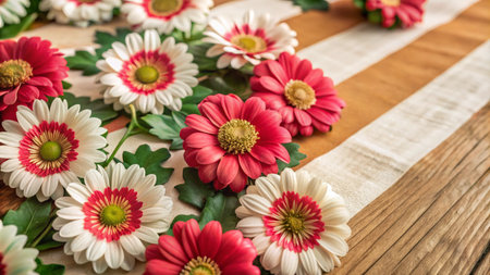 Pink and white daisies on striped wooden background.の素材