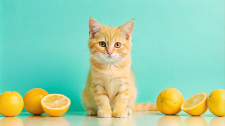 Cute ginger kitten sitting in front of lemons on a teal background.の素材