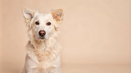 A white dog with brown eyes stares intently at the camera, sitting on a beige backdrop.の素材
