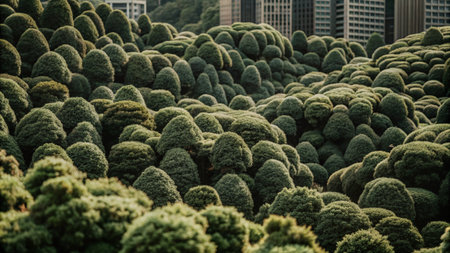 A dense forest of round, manicured evergreen trees, viewed from a high angle. The city skyline is visible in the distance.の素材