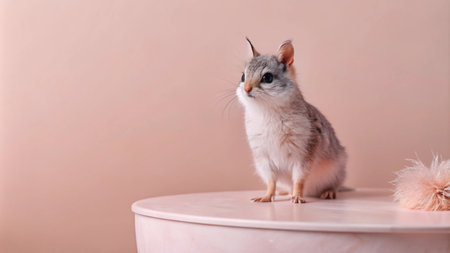 A small, white and gray squirrel sits on a table against a pink background.の素材