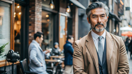 A confident mature man in a suit and coat stands on a city street.の素材