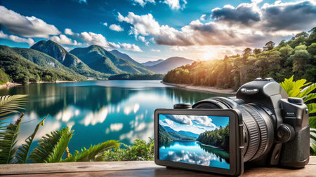 A DSLR camera captures a scenic mountain lake view with a setting sun, clouds, and lush green trees.の素材