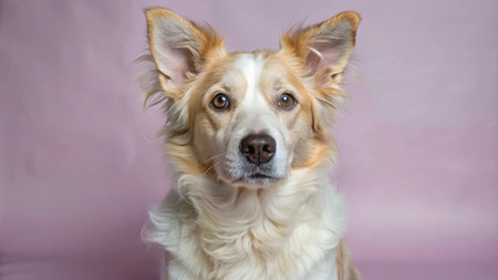 A white and brown dog with large, floppy ears stares intently at the camera against a soft pink background.の素材