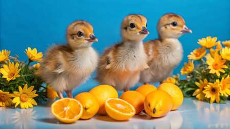 Three adorable baby chicks stand with oranges and yellow flowers on a blue background.の素材