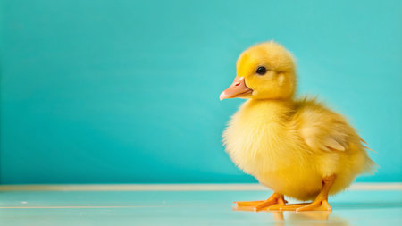 A fluffy yellow duckling stands on a white surface against a blue background.の素材