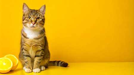 Cute tabby cat sitting with lemons on a yellow background.の素材
