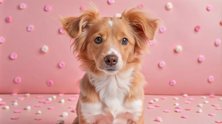 A cute dog with brown and white fur sits in front of a pink background with scattered pink and white candies.の素材