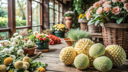 A rustic wooden table with flowers in pots, a wicker basket, and yellow orbs with a textured surface in a bright, airy greenhouse.の素材