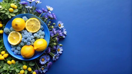 Lemons and blue flowers on a blue background.の素材
