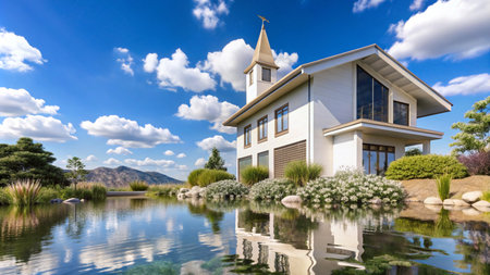 A white chapel with a steeple and a reflecting pond, set against a backdrop of blue sky and mountains.の素材