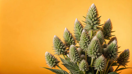A bouquet of green flowers with fuzzy white tips against a yellow background.の素材