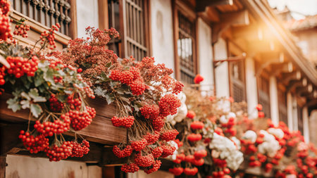 Red berries hang from a balcony railing in front of traditional architecture.の素材