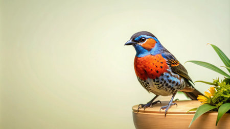 A vibrant blue, red, and black bird perches on a wooden surface with green foliage in the background.の素材