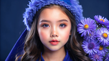 Portrait of a young girl with flowers.の素材