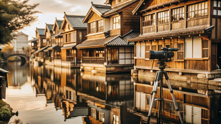 A professional camera on a tripod captures the scenic beauty of a traditional Japanese canal town at sunset.の素材