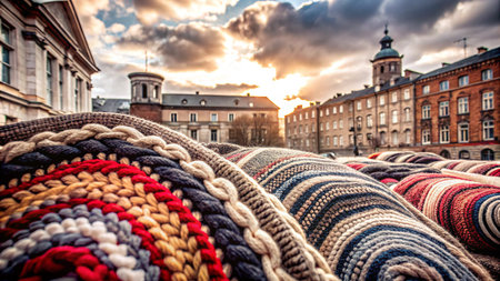 Colorful knitted blankets create a vibrant display in front of historic buildings, bathed in golden sunset light.の素材