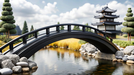 A traditional Japanese wooden bridge over a tranquil pond with a pagoda in the background.の素材