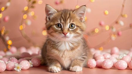 Adorable tabby kitten sitting amongst pink Easter eggs and a pink background with lights.の素材