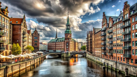 A picturesque cityscape with a canal flowing through it, surrounded by historic buildings and a bridge.の素材