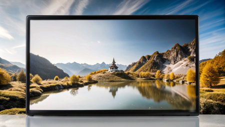 A flat screen TV displaying a picturesque mountain lake scene.の素材