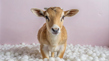 A young brown and white calf stands on a bed of white foam balls, looking directly at the camera.の素材