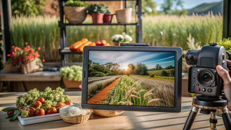 A tablet displaying a beautiful sunset landscape image is placed in front of a camera on a tripod with fresh produce, plants, and flowers in the background.の素材