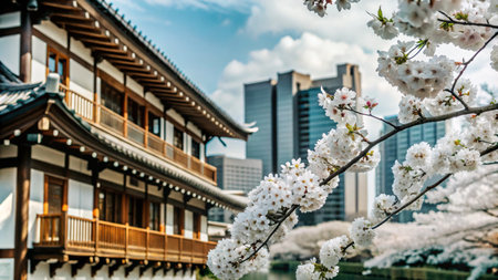 A traditional Japanese building with cherry blossoms in bloom against a modern cityscape background.の素材