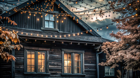 A wooden house with string lights and windows glowing at dusk.の素材