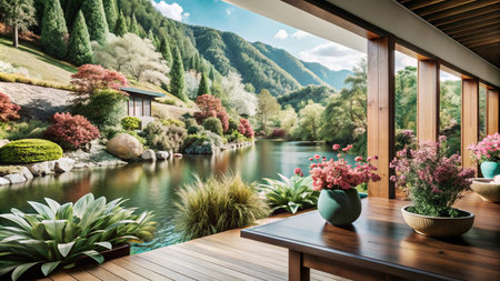 Tranquil view of a Japanese garden with a pond, mountains, and a wooden deck from a house.の素材