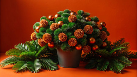 A green potted Christmas tree with golden and brown ornaments on an orange background.の素材