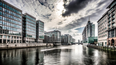 A modern cityscape with a river running through it, with buildings reflecting in the water and a cloudy sky.の素材