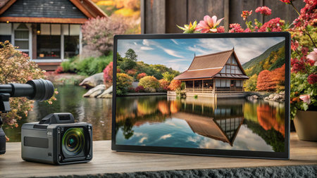 A DSLR camera and lens sit on a wooden table next to a tablet displaying a beautiful photo of a Japanese garden.の素材