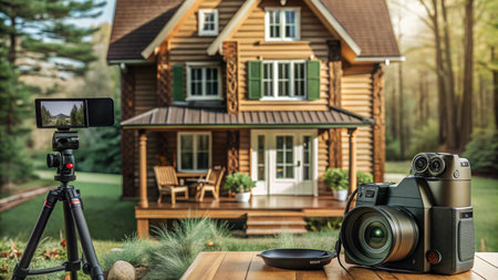 A camera and tripod are set up in front of a wooden house.の素材