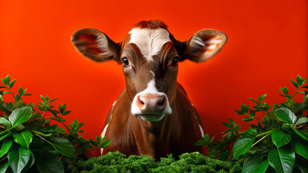 A brown and white cow with large ears, looking directly at the camera, framed by green leaves against a bright orange background.の素材