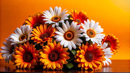A bouquet of white and orange daisies with green leaves on a wooden table with an orange background.の素材