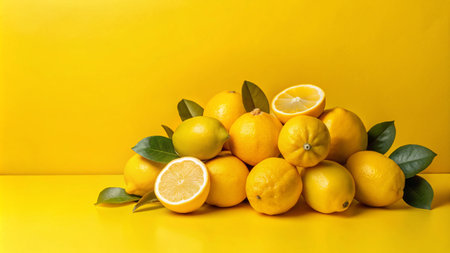 A group of fresh lemons with leaves on a bright yellow background.の素材