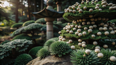 A close-up view of a Japanese garden with a small white pagoda and various trees.の素材