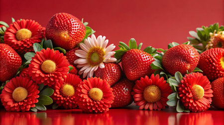 A vibrant arrangement of fresh red strawberries and pink and orange flowers against a red background.の素材