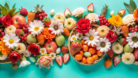 A vibrant still life of spring flowers, fruits, and eggs in woven baskets on a turquoise background.の素材
