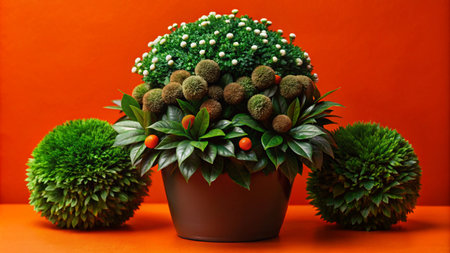 A potted plant with green leaves, white flowers and red berries, surrounded by three green sphere-shaped plants, all against an orange background.の素材