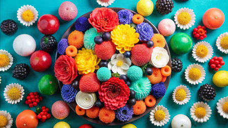 Colorful soap flowers and fruit on a blue background.の素材