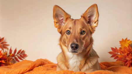 A brown and white dog with big ears sits on an orange blanket with autumn leaves behind it and looks directly at the camera.の素材