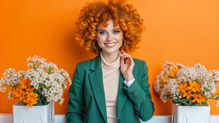 Portrait of a smiling woman with red curly hair, wearing a green blazer, against an orange background with white flowers on either side.の素材